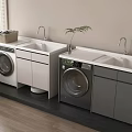 Modern Bathroom Vanity Cabinet With Washing Machines Sinks Countertops And Plant