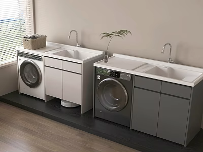 Modern Bathroom Vanity Cabinet With Washing Machines Sinks Countertops And Plant 3d model