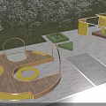 Modern Commercial Landscape Design Featuring Yellow Structures Wooden Decks Circular Elements And Greenery 3d model