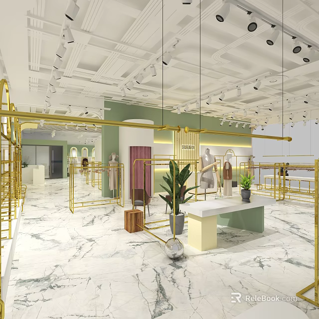 Modern Clothing Store With Gold Metal Racks Marble Floor Green Walls Mannequins And Plant Decorations 3d model 