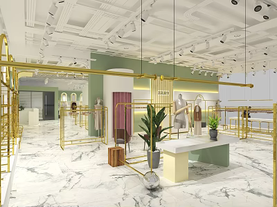Modern Clothing Store With Gold Metal Racks Marble Floor Green Walls Mannequins And Plant Decorations 3d model