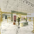 Modern Clothing Store With Gold Metal Racks Marble Floor Green Walls Mannequins And Plant Decorations
