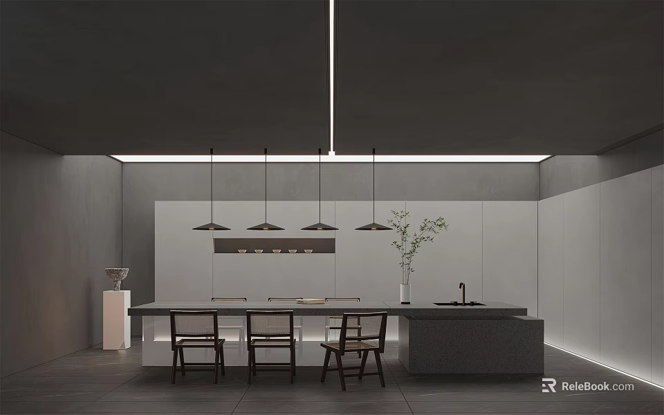 Modern Restaurant Kitchen Interior With Open Design Dining Table Chairs Pendant Lights And Sink 3d model 