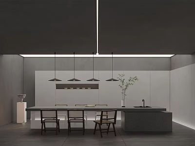 Modern Restaurant Kitchen Interior With Open Design Dining Table Chairs Pendant Lights And Sink 3d model