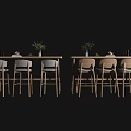 Wooden Bar Counter With High Stools Green Plants And Tableware In Modern Dining Area