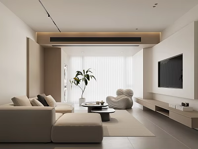 Minimalist Living Room Interior With Beige Sofa Round White Armchair TV Wall And Potted Plant 3d model