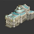 Cartoon Style Classical Building With Blue Roof Golden Dome And White Facade
