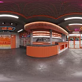 Modern Hotpot Restaurant Interior With Orange Ceiling Metal Chairs And Lighting Fixtures