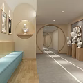 Elevator Hallway With White Statues On Wooden Pedestals Black White Paintings And Light Blue Bench