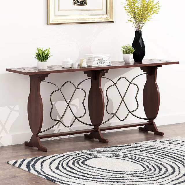 Wooden Console Table With Metal Accents Decorative Living Room With Green Plants Books And Vase 3d model 