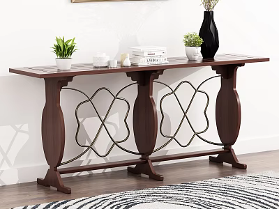 Wooden Console Table With Metal Accents Decorative Living Room With Green Plants Books And Vase 3d model