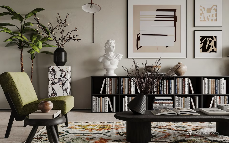 Elegant Living Room Interior Featuring Green Chair Black Bookshelf White Sculpture And Patterned Rug 3d model 