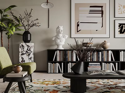 Elegant Living Room Interior Featuring Green Chair Black Bookshelf White Sculpture And Patterned Rug 3d model