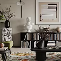 Elegant Living Room Interior Featuring Green Chair Black Bookshelf White Sculpture And Patterned Rug