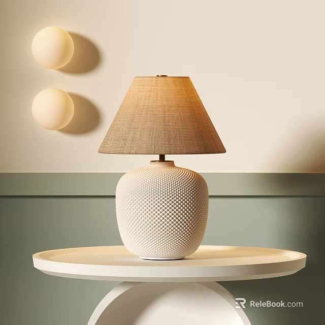 Stylish Table Lamp With White Textured Base And Beige Fabric Lampshade On White Round Tray 3d model 