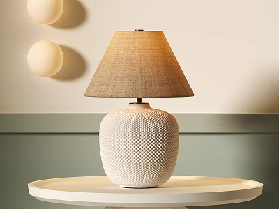 Stylish Table Lamp With White Textured Base And Beige Fabric Lampshade On White Round Tray 3d model