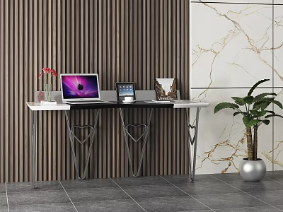 Modern Desk Setup With Laptop Tablet Flower Vase And Potted Plant In Home Office 3d model