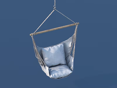 Macramé Hanging Chair With Wooden Bar And Light Blue Comfortable Cushion 3d model
