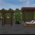 Outdoor Wooden Pergola Design With Arched Structure Seating Area Stone Pavement And Greenery