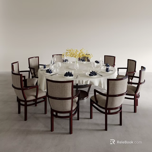 Elegant Round Dining Table Set With White Tablecloth Yellow Flowers And Upholstered Chairs 3d model