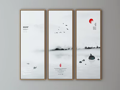 Three Panel Ink Wash Landscape Painting With Red Sun Flying Birds And Mountain Water 3d model