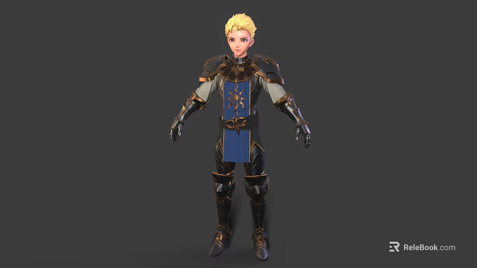 Detailed Fantasy Male Character With Blonde Hair In Blue Black Armor Standing Pose 3d model 