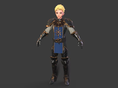 Detailed Fantasy Male Character With Blonde Hair In Blue Black Armor Standing Pose 3d model
