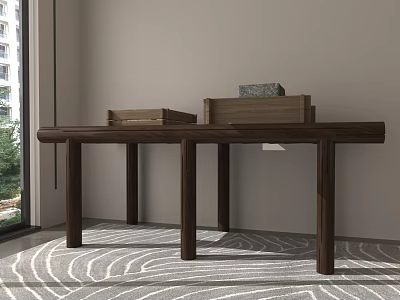 Serene Study Room With Dark Wooden Desk Wooden Boxes And Green Plants By Window 3d model