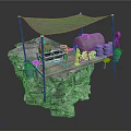 Modern Outdoor Rock Platform With Canvas Awning Metal Tank Wooden Barrels And Hanging Buckets