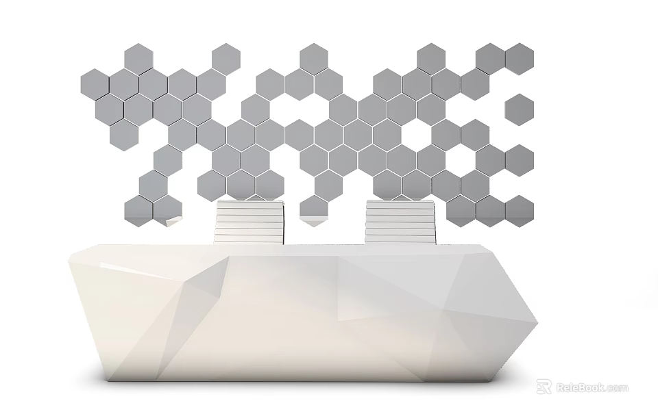 Modern Reception Desk With Geometric Design And Hexagonal Decorative Backdrop 3d model