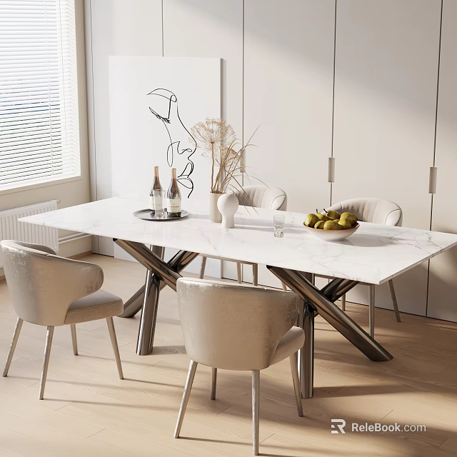 Modern Dining Table Set with Marble Top Crossed Metal Legs and Beige Chairs 3d model 