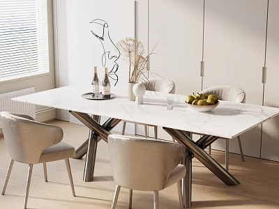 Modern Dining Table Set with Marble Top Crossed Metal Legs and Beige Chairs 3d model