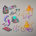 Colorful Wall Decor Stickers with Backpack Tape Figure Dolphin and Computer Elements 3d model