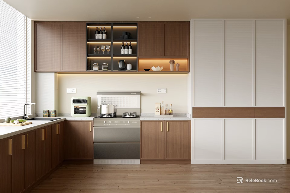 Modern Kitchen Interior Design With Brown White Cabinets Island Counter And Appliances 3d model 