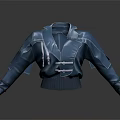 Blue Leather Jacket With Shoulder Straps Buckle Details Ribbed Waistband Modern Design