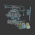 Industrial Metal Machine Setup With Pipes Control Panel Yellow Drums Blue Cart And Sacks
