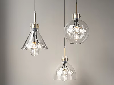 Three Modern Glass Pendant Lights With Transparent Shades And Visible Bulbs 3d model