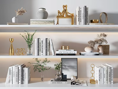 Modern Decorative Ornament Set On White Shelves With Golden Ring Decor Green Plants And Books 3d model