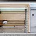 Modern Shower Sauna Interior Design With Wooden Panels Shelves And Control Panel