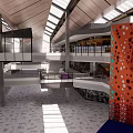 Multi Level Shopping Mall Interior Featuring Colorful Art Installation Escalators And Skylights