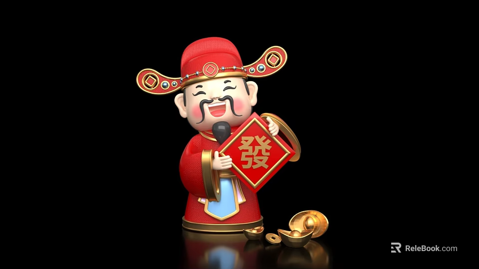 Traditional Chinese Caishen Sculpture Carving In Red Costume With Hat Fa Plaque And Gold Coins 3d model 