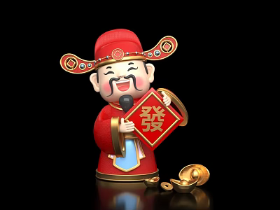 Traditional Chinese Caishen Sculpture Carving In Red Costume With Hat Fa Plaque And Gold Coins 3d model