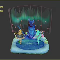 Two Women Standing On Ice Platform With Blue Ice Sculpture Green Glowing Auras
