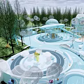 Vibrant Blue Spiral Playground Equipment With Circular Slides And Cloud Decorations Surrounded By Trees