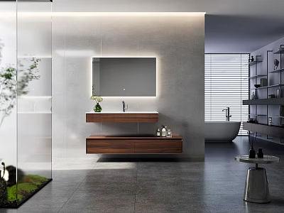 Modern Wall Mounted Bathroom Vanity Cabinet With Backlit Mirror And Wooden Countertop 3d model