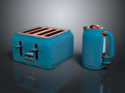 Stylish Blue Kitchen Appliances Toaster And Kettle With Copper Accents For Modern Home Kitchen 3d model