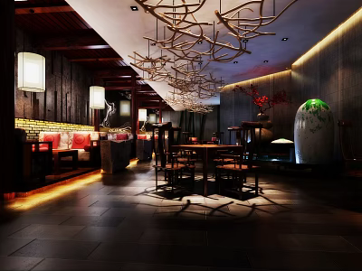 Chinese Style Restaurant Interior With Chandelier Wooden Tables Chairs Decorative Vase And Wooden Decorations 3d model