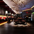 Chinese Style Restaurant Interior With Chandelier Wooden Tables Chairs Decorative Vase And Wooden Decorations