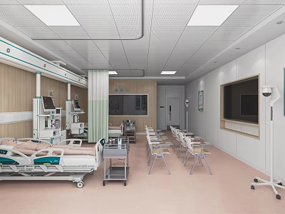 Hospital Outpatient Ward With Medical Beds Equipment Chairs TV Screen Wooden Walls And White Ceiling 3d model