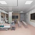 Hospital Outpatient Ward With Medical Beds Equipment Chairs TV Screen Wooden Walls And White Ceiling